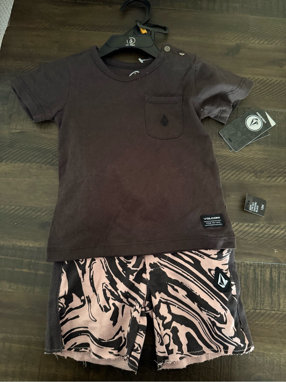 Volcom Kids' Black Pocket Tee and Pink Patterned Shorts Set